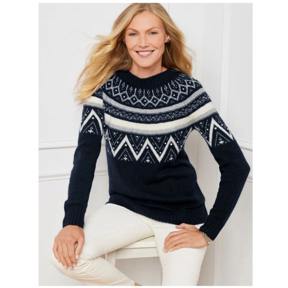NWT Talbots Embroidered Boatneck Pullover Fair Isle Sweater Wool | Navy | SZ M